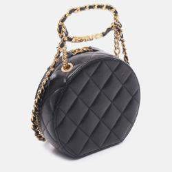 Pre Owned Chanel Black Quilted Lambskin Oval Logo Chain Top Handle Round Clutch on Chain