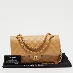Pre Owned Chanel Beige Quilted Caviar Leather Medium Classic Double Flap Bag