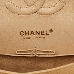 Pre Owned Chanel Beige Quilted Caviar Leather Medium Classic Double Flap Bag
