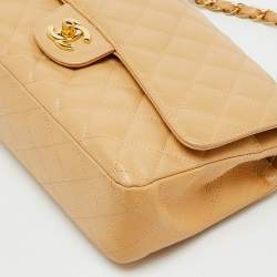 Pre Owned Chanel Beige Quilted Caviar Leather Medium Classic Double Flap Bag