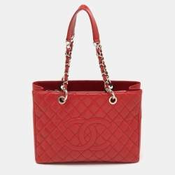 Pre Owned Chanel Red Quilted Caviar Leather GST Shopper Tote