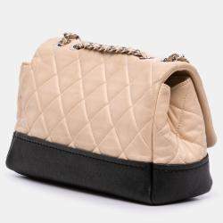 Pre Owned Chanel Beige Black CC Bicolor Quilted Calfskin and Caviar Single Flap