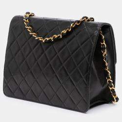 Pre Owned Chanel Black Small CC Quilted Lambskin Half Single Flap Bag