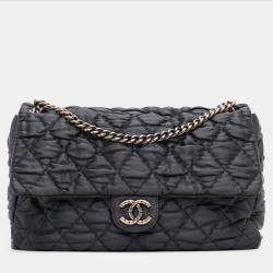 Pre Owned Chanel Black Extra Large CC Quilted Satin Single Flap Bag