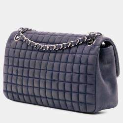 Pre Owned Chanel Blue Chocolate Bar Iridescent Calfskin Bubble Flap