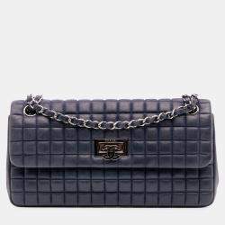 Pre Owned Chanel Blue Chocolate Bar Iridescent Calfskin Bubble Flap