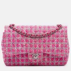 Pre Owned Chanel Pink Jumbo Classic Tweed Double Flap