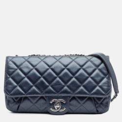 Pre Owned Chanel Blue Quilted Glazed Calfskin Coco Pleats Flap