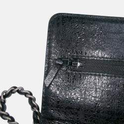 Pre Owned Chanel Black CC Quilted Crinkled Calfskin Wallet On Chain