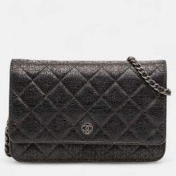 Pre Owned Chanel Black CC Quilted Crinkled Calfskin Wallet On Chain