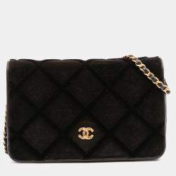 Pre Owned Chanel Black CC Quilted Velvet Wallet on Chain