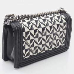 Pre Owned Chanel Boy Black White Lambskin Leather Shoulder Bag
