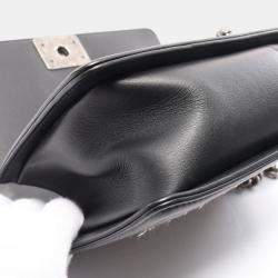 Pre Owned Chanel Boy Black White Leather and Fabric Shoulder Bag