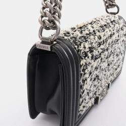 Pre Owned Chanel Boy Black White Leather and Fabric Shoulder Bag