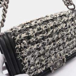 Pre Owned Chanel Boy Black White Leather and Fabric Shoulder Bag