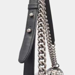 Pre Owned Chanel Boy Black White Leather and Fabric Shoulder Bag