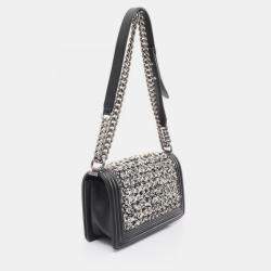 Pre Owned Chanel Boy Black White Leather and Fabric Shoulder Bag