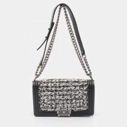 Pre Owned Chanel Boy Black White Leather and Fabric Shoulder Bag