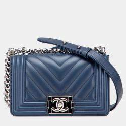 Pre Owned Chanel Boy V-Stitch Blue Lambskin Leather Shoulder Bag