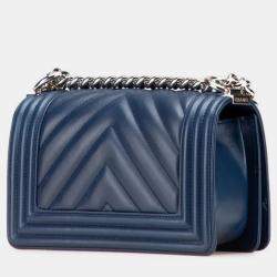 Pre Owned Chanel Boy V-Stitch Blue Lambskin Leather Shoulder Bag