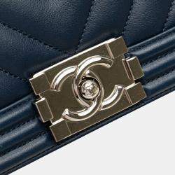 Pre Owned Chanel Boy V-Stitch Blue Lambskin Leather Shoulder Bag