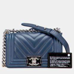 Pre Owned Chanel Boy V-Stitch Blue Lambskin Leather Shoulder Bag