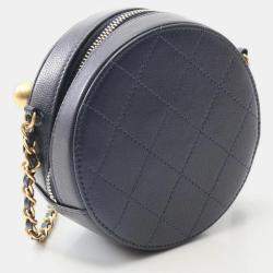 Pre Owned Chanel Matelasse Round Mini Navy Blue Lambskin Leather Shoulder Bag
