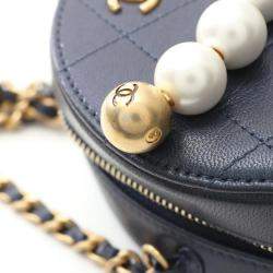 Pre Owned Chanel Matelasse Round Mini Navy Blue Lambskin Leather Shoulder Bag