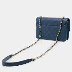 Pre Owned Chanel Beauty Lock Matelasse Blue Leather Flap Chain Shoulder Bag