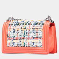 Pre Owned Chanel Boy Orange Multicolored Tweed Leather Shoulder Bag