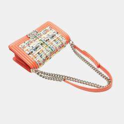 Pre Owned Chanel Boy Orange Multicolored Tweed Leather Shoulder Bag