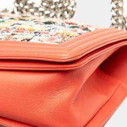 Pre Owned Chanel Boy Orange Multicolored Tweed Leather Shoulder Bag
