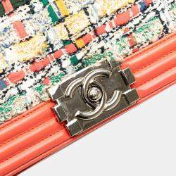 Pre Owned Chanel Boy Orange Multicolored Tweed Leather Shoulder Bag