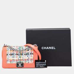 Pre Owned Chanel Boy Orange Multicolored Tweed Leather Shoulder Bag