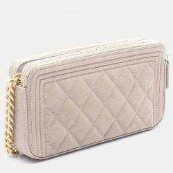 Pre Owned Chanel Boy Beige Grained Calfskin Leather Shoulder Bag