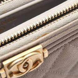 Pre Owned Chanel Boy Beige Grained Calfskin Leather Shoulder Bag