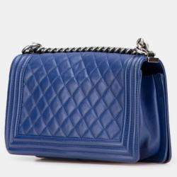 Pre Owned Chanel Boy Blue Lambskin Chain Shoulder Bag