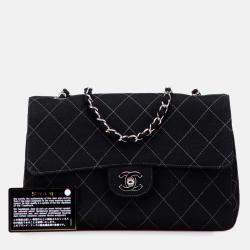 Pre Owned Chanel Black Medium Quilted Jersey Single Flap