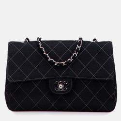 Pre Owned Chanel Black Medium Quilted Jersey Single Flap