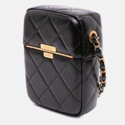 Pre Owned Chanel Black Mini Quilted Lambskin Diamond Lock Phone Holder