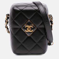 Pre Owned Chanel Black Mini Quilted Lambskin Diamond Lock Phone Holder