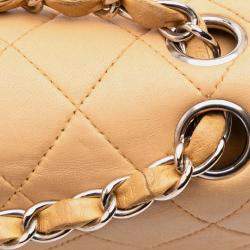 Pre Owned Chanel Beige Small Classic Lambskin Double Flap
