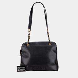 Pre Owned Chanel Black Caviar Logo Shoulder Bag