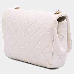 Pre Owned Chanel White Mini Glazed Calfskin Pearl Side Flap