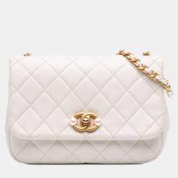Pre Owned Chanel White Mini Glazed Calfskin Pearl Side Flap