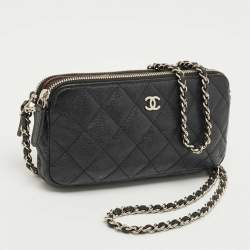 Pre Owned Chanel Black Quilted Caviar Leather Double Zip Wallet On Chain