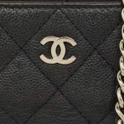 Pre Owned Chanel Black Quilted Caviar Leather Double Zip Wallet On Chain
