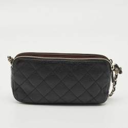 Pre Owned Chanel Black Quilted Caviar Leather Double Zip Wallet On Chain
