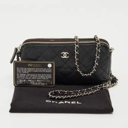 Pre Owned Chanel Black Quilted Caviar Leather Double Zip Wallet On Chain