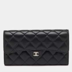 Pre Owned Chanel Black Quilted Leather Classic Long Flap Wallet
